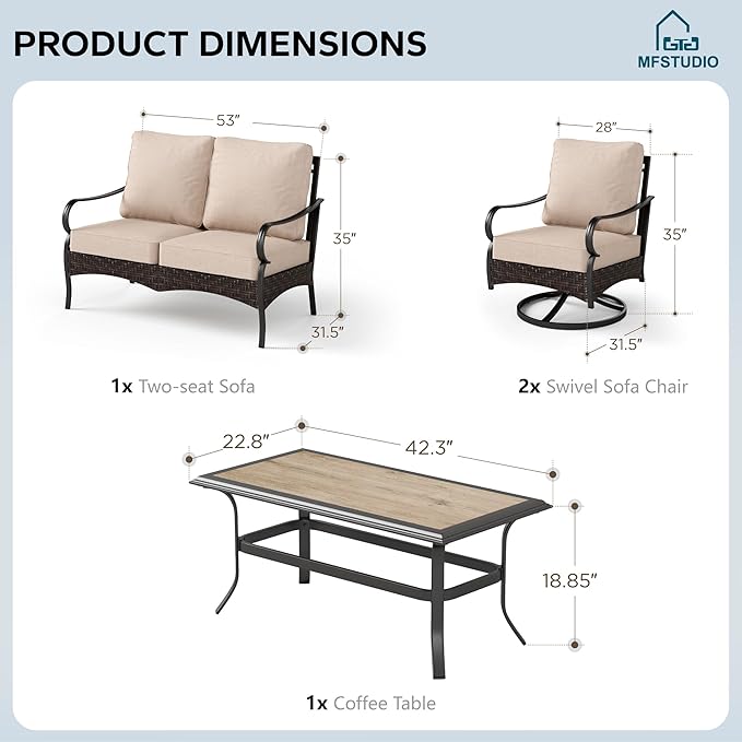 MFSTUDIO 4 Pieces Outdoor Patio Furniture Set, Metal Outdoor Conversation Set, Rattan Wicker Patio Sectional Sofa Set with 2 x Swivel Single Sofa, 2-Seat Sofa, 1 x Coffee Table, Beige