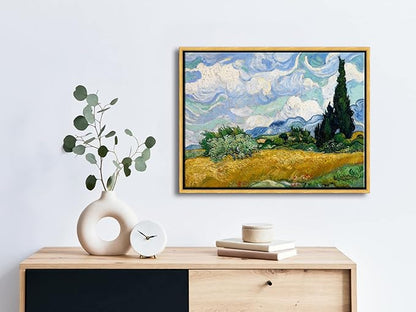 Wieco Art Framed Wall Art of Wheat Field with Cypresses by Vincent Van Gogh Paintings Reproduction Abstract Canvas Prints for Home Living Room Decorations Bronze Gold Frame