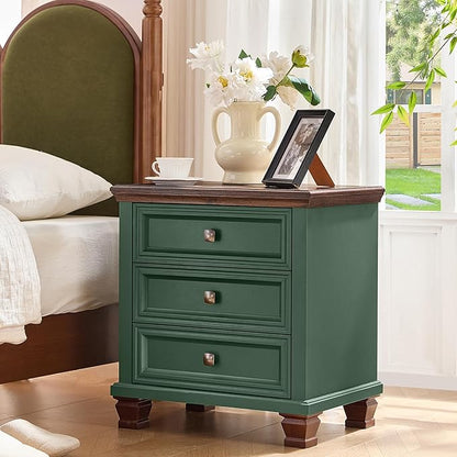Farmhouse Nightstand with 3 Drawers, Rustic Couch End Table with 4 Square Solid Wood Legs, Mid-Century Vintage Bed Side Table with Storage, Small Dresser for Bedroom, Living Room, Green