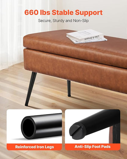 VEVOR Leather Storage Ottoman Bench, PU Leather Bench with Storage and Metal Legs, Modern Shoe Benches Seat for Entryway, Upholstered End of Bed Benches for Living Room, Dining Room, Hallway, Brown