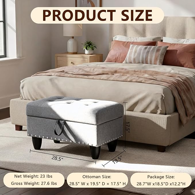 Linen Fabric Storage Ottoman with Nailhead Trim, 28.5"X19.5"X17.5" Footrest Stool, Hidden Storage Foot Stool for Living Room, Bedroom Furniture, Light Gray