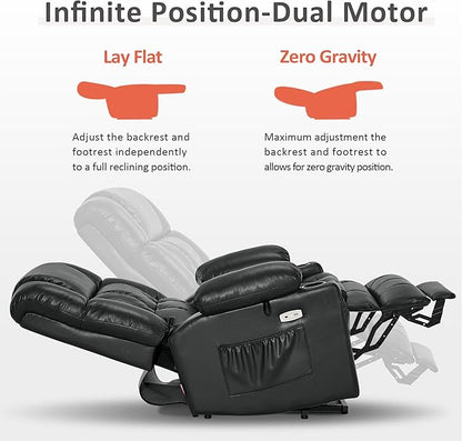 MCombo Dual Motor Large Power Lift Recliner Chair for Elderly, Lay Flat Lift Chair with Heat and Massage, Big Lift Recliner for Tall People, Faux Leather 7896 (Black, Large)