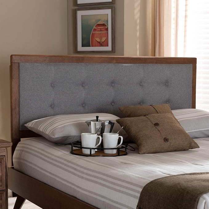 Mid-Century Marvel Fabric Upholstered Walnut Brown Finished Wood Headboard, Wall Mount Headboard Full/Light Gray