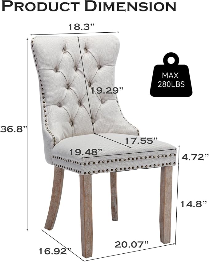 Linen Upholstered Dining Chairs Set of 6, Modern Style Kitchen Side Chairs with Nailhead Trim and Wood Leg, Metal Pulling Ring for Dining Room Living Room(Beige,Set of 6)