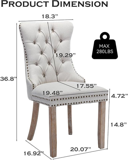 Linen Upholstered Dining Chairs Set of 6, Modern Style Kitchen Side Chairs with Nailhead Trim and Wood Leg, Metal Pulling Ring for Dining Room Living Room(Beige,Set of 6)