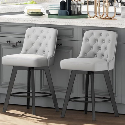 MINCETA Bar Stools Set of 2, PU Leather Barstools, 26 Inch Upholstered Counter Stools with Low Tufted Back and Footrest, Swivel Counter Height Barstools for Kitchen Island Home Bar Light Gray