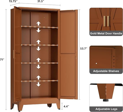 71" Tall Metal Storage Cabinet with 2 Doors and 4 Adjustable Shelves, 5-Tier Kitchen Pantry Storage Cabinet for Kitchen, Living Room, Dining Room and Office, Brown