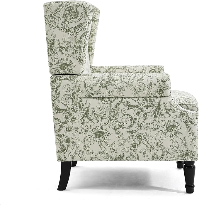 Wingback Accent Chairs Set of 2, High Back Upholstered Armchair, Printed Fabric Wingback Arms Chairs with Wood Legs, Single Sofa Reading Chair for Bedroom Living Room, Green Pattern