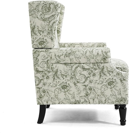 Wingback Accent Chairs Set of 2, High Back Upholstered Armchair, Printed Fabric Wingback Arms Chairs with Wood Legs, Single Sofa Reading Chair for Bedroom Living Room, Green Pattern