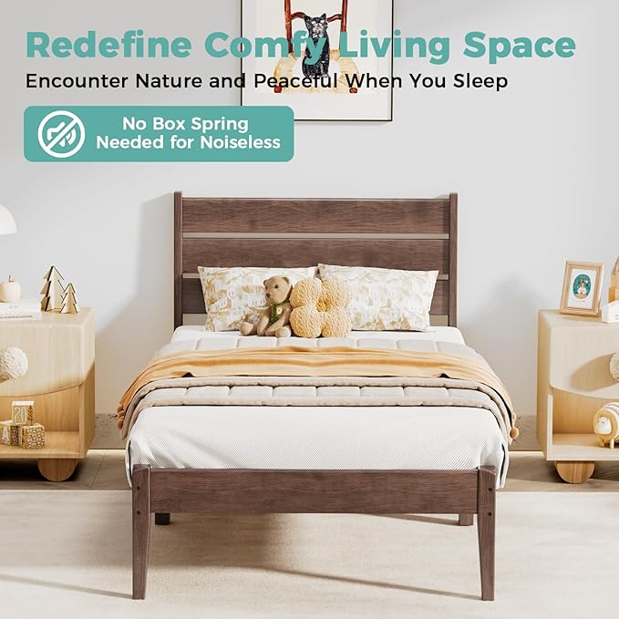 Twin Bed Frame with Ladder Headboard, Malaysian Oak Platform Bed, Modern Malaysian Oak Bed Frames with Wood Foundation, No Box Spring Needed, Easy Installation, Twin Size, Antique Espresso