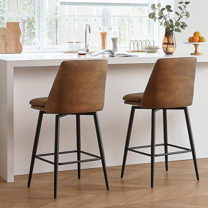 Coffee Counter Height Bar Stools Set of 2, 26 Inch Seat Height with Back and Metal Legs, 360° Swivel Upholstered Faux Leather Swivel Bar Stools