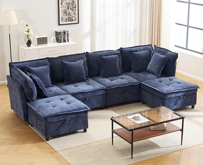 133'' Modular Sectional Sofa, Oversized U Shaped Couch with Storage Ottoman, Comfy Chenille Sofa with Deep Seat, 6 Seat Convertible Couches for Living Room, Blue