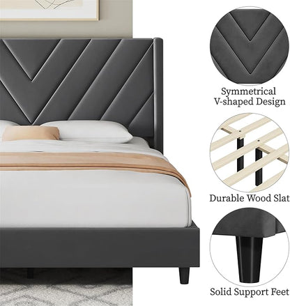 Yaheetech Queen Bed Frame Upholstered Platform Bed with Wing Side/Wooden Slat Support/Tufted Headboard with Wing Side/Mattress Foundation/No Box Spring Needed,Deep Gray Queen Bed