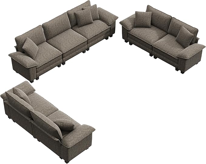PHI VILLA Cloud Modular Couches Sets, 3 Pieces Large Sectional Sofa Set with Loveseats, 7-Seater Upholstered Couch for Living Room, Chenille Fabric, Smoky Grey