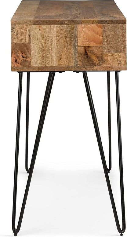 SIMPLIHOME Hunter Console Table - 55 Inch Wide Solid Mango Wood and Metal Sofa Table in Natural, Industrial Storage Table for Entryway or Living Room with 2 Open Cubbies and Black Hairpin Legs