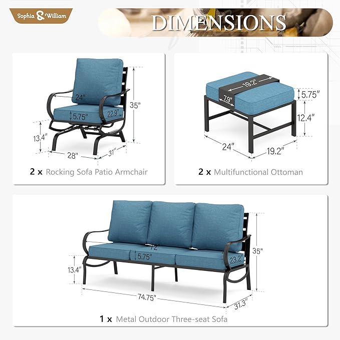 Sophia & William Patio Furniture Sets 5 Seats Outdoor Metal Conversation Sets 5 Pcs with 2 x Cushioned Swivel Sofa Chairs,1 x 3-Seat Sofa,2 x Ottomans for Coffee Lawn Backyard Poolside Navy