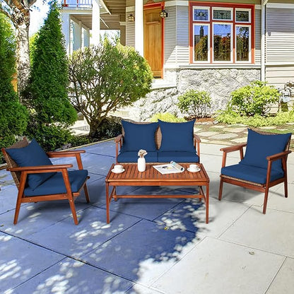 COSTWAY 4 Pieces Acacia Wood Patio Conversation Set, Outdoor Wicker Sofa with Coffee Table & Cushions, Patio Rattan Furniture Set for Yard, Porch, Poolside, Balcony, Backyard, Navy