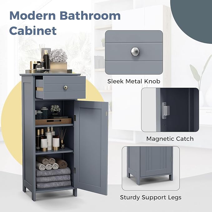 LOKO Bathroom Floor Cabinet, Freestanding Single Door Storage Cabinet with Drawer & Adjustable Shelves, Corner Narrow Storage Organizer for Living Room, Entryway (Grey)