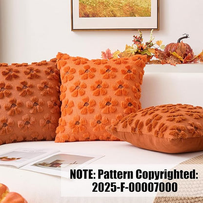 Kevin Textile Fall Floral Pillow Covers 18x18 Inch Set of 2 Cute Flowers Embroidery Decor Soft Plush Faux Fur Throw Pillows Pillowcases for Holiday Harvest Decor Sofa Couch Bedroom, Rust
