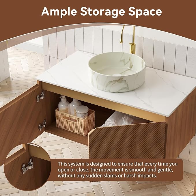 36 Inch Floating Bathroom Vanity with Vessel Sink, Fluted Modern Cabinet with 2 Doors, White Ceramic Sink with Stone Pattern & Sintered Stone Top, Oak
