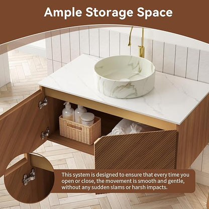 36 Inch Floating Bathroom Vanity with Vessel Sink, Fluted Modern Cabinet with 2 Doors, White Ceramic Sink with Stone Pattern & Sintered Stone Top, Oak