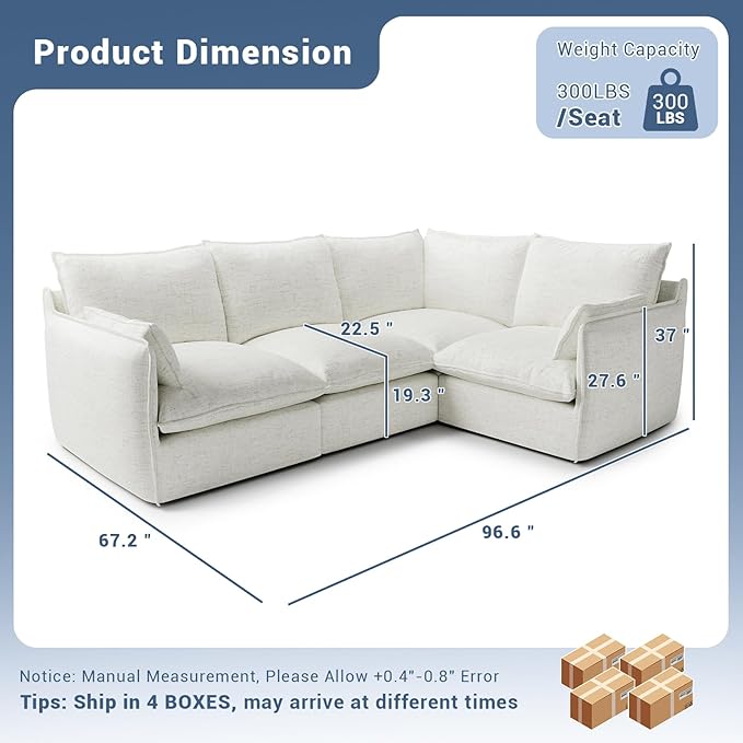 Cloud Modular Sectional Sofa, Waterproof Down Filled Sectional Sofas, High Backrest 4 Seater Sectional Couches for Living Room, Modern Modular Couch with Removable Cover, Cream White