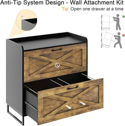 Lateral File Cabinet with Charging Station, 2 Drawer File Cabinet for Letter/Legal/A4 Size Hanging Files, Large Wood File Storage Cabinets, Rustic Brown and Black