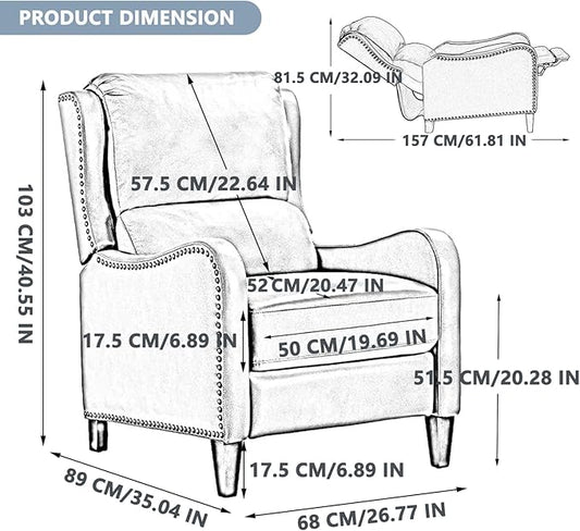 Pushback Recliner Chair, PU Leather Push Back Armchair, Upholstered Recliner Chair 105-135 Degree Adjustable, Retro Accent Chair for Living Room Bedroom - Gray