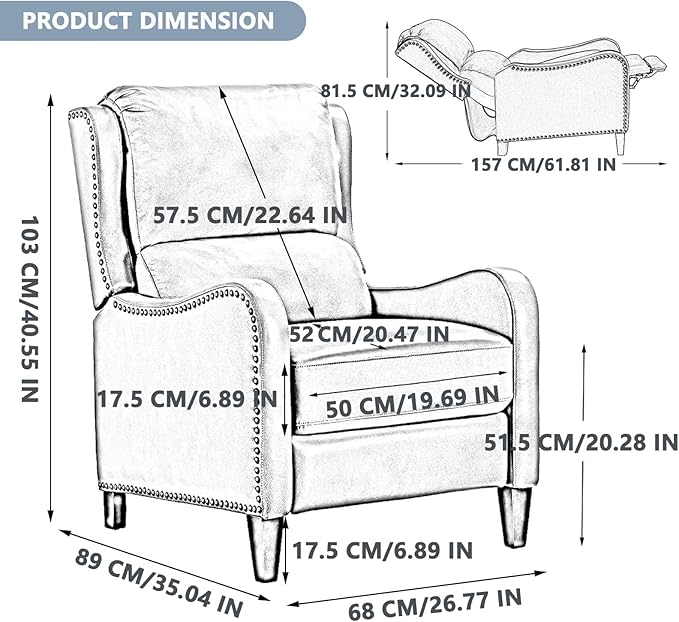 Pushback Recliner Chair, PU Leather Push Back Armchair, Upholstered Recliner Chair 105-135 Degree Adjustable, Retro Accent Chair for Living Room Bedroom - Brown