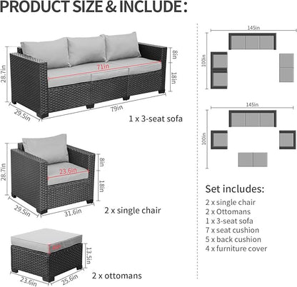Rattaner Outdoor Wicker Furniture Couch Set 5 Pieces Patio Furniture Sectional Sofa with Grey No-Slip Cushions and Waterproof Covers