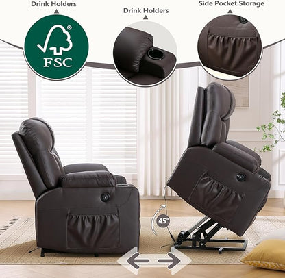 ANJ Brown Power Lift Recliner Chair for Elderly with Heat & Massage, Faux Leather Electric Recliner Sofa with Cup Holders, USB Port & Side Pockets, Heavy Duty Reclining Chair for Seniors