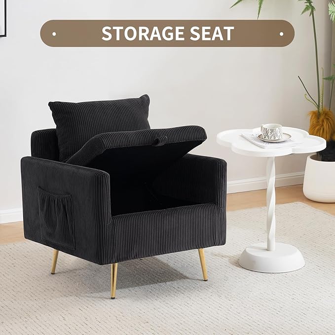 Furnimart Storage Accent Chair with Arm, Mid-Century Corduroy Sofa Chair with Removable Cushion Cover, Reading Chair for Bedroom, Living Room, Apartment, Black