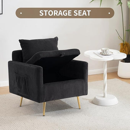 Furnimart Storage Accent Chair with Arm, Mid-Century Corduroy Sofa Chair with Removable Cushion Cover, Reading Chair for Bedroom, Living Room, Apartment, Black