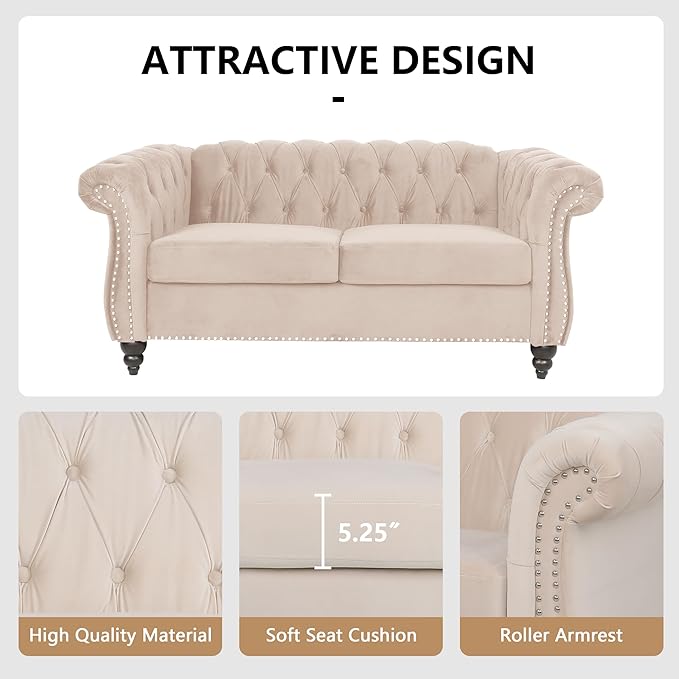 Chesterfield Loveseat Sofa, Modern Velvet Small Sofa Couch 2 Seater with Rolled Arms and Nailhead, Mid Century Modern Loveseat Couch for Small Spaces Living Room Bedroom Apartment, Beige