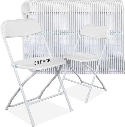 50 Pack Plastic White Folding Chairs with 350-LBS Capacity, Lightweight Portable Indoor Outdoor Chairs, Stackable Commercial Seat with Steel Frame for Office, Party, Graduations, Kitchen