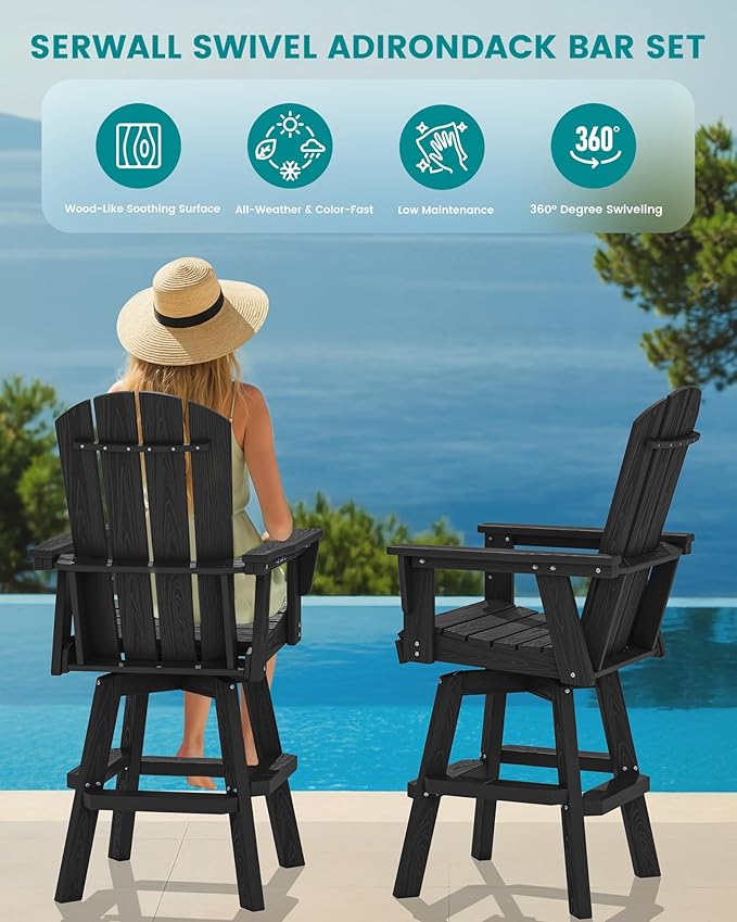 SERWALL 5-Piece Swivel Adirondack Bar Set, HDPE Swivel Bar Height Chairs Set of 4 with Bar Table, All-Weather Outdoor Barstools for Patio, Poolside, Garden, Black