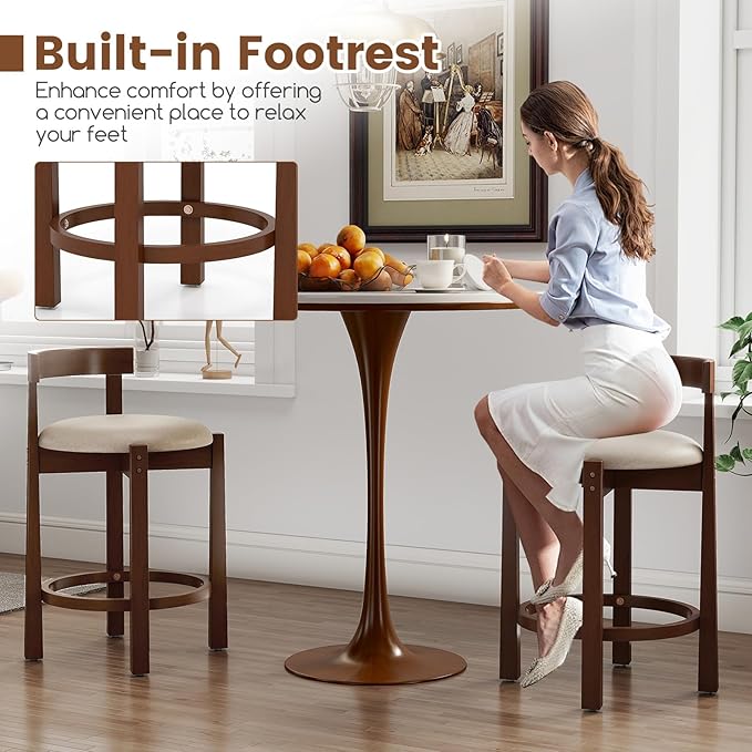 COSTWAY 24'' Counter Height Bar Stools Set of 4, Linen Upholstered Bar Chairs with Backrests and Footrests, Wood High Barstools for Kitchen Island and Dining Room (Walnut)