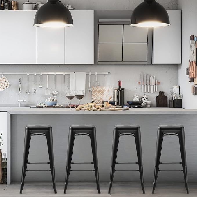 COSTWAY Bar Stools Set of 4, 30” Bar Height Metal Stools with Rubber Footpads & Handling Hole, X-Shaped Reinforced Design, Stackable Stools, for Kitchen, Dining Room, Pub (Black, 30‘’)