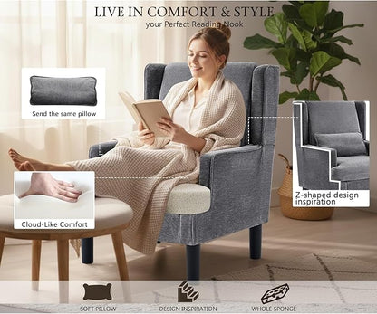 Modern Accent Chair for Living Room Chairs Upholstered Oversized Reading Chair Accent Chairs for Living Room Chair Arm Chair with High Back and Wood Legs,Armchair Comfy Chair for Bedroom(Grey)