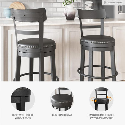 Signature Design by Ashley Valebeck Tall Upholstered Swivel Bar Stool with 360-Degree Swivel and Nailhead Trim, Faux Leather, 30" Seat Height, Black Finish