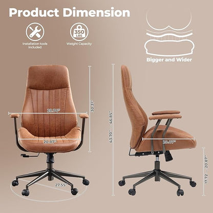 ovios Home Office Ergonomic Chair, Mid-Century Modern Luxury Faux Suede Leather Chairs, Comfy High Back Computer Swivel Rolling Task Armchair for Executive, Brown