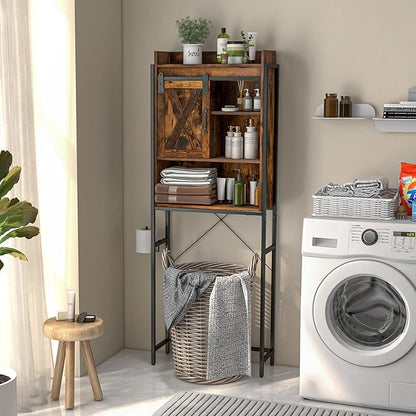 LOKO Over The Toilet Storage Cabinet, Freestanding Bathroom Space Saver with Adjustable Shelves & Sliding Barn Door, 4-Tier Over Toilet Bathroom Organizer, 25 x 9.5 x 67.5 inches (Rustic Brown)