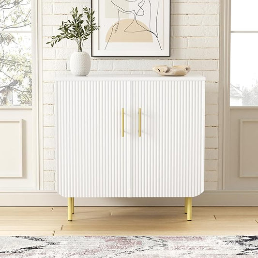 Modern Fluted White Storage Cabinet with 2 Doors, Adjustable Shelves, and Metal Legs, Accent Buffet Sideboard for Living Room, Dining Room, Entryway (White & Gold)