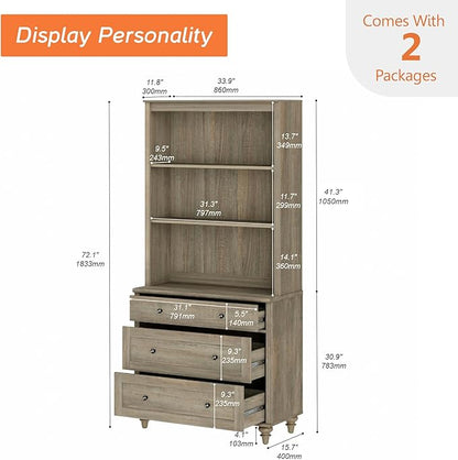 WAMPAT 72" Tall Bookcase Large Display Book Case Shelf with 3-Tier Open Book Shelfs, 3 Tier Farmhouse Style Bookshelf with 3 Drawers, Wood Bookshelves for Living Room or Study Room, Wash Grey