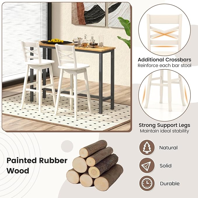 COSTWAY 30-Inch Bar Height Stool Set of 4, Rubber Wood Swivel Bar Stool with Inclined Backrest, Curved Seat & Footrest, Bar Chair for Kitchen Island & Pub (4, Cream)