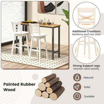 COSTWAY 30-Inch Bar Height Stool Set of 4, Rubber Wood Swivel Bar Stool with Inclined Backrest, Curved Seat & Footrest, Bar Chair for Kitchen Island & Pub (4, Cream)