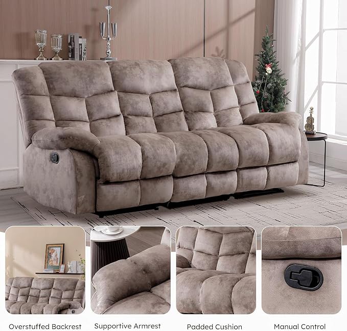 EBELLO Reclining Living Room Set, Includes One Seat Manual Recliner, Loveseat Recliner Sofa and 3PC Bonded Manual Sofa Couch, Brown