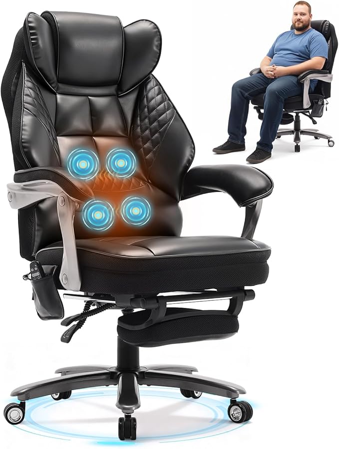Big and Tall Office Chair 400lbs with Massage and Heat, 23.5" Wide Leather Office Chair with Back Support, Ergonomic Comfort 140° Reclining Desk Chairs Managerial Chairs for Heavy People
