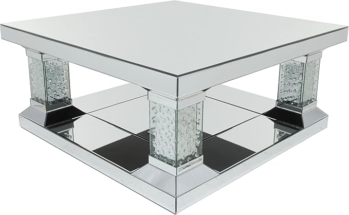 Deco 79 Wood Mirrored Coffee Table with Crystal Embellishments, 39" x 39" x 18", Silver