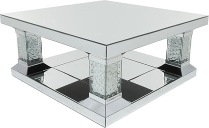 Deco 79 Wood Mirrored Coffee Table with Crystal Embellishments, 39" x 39" x 18", Silver